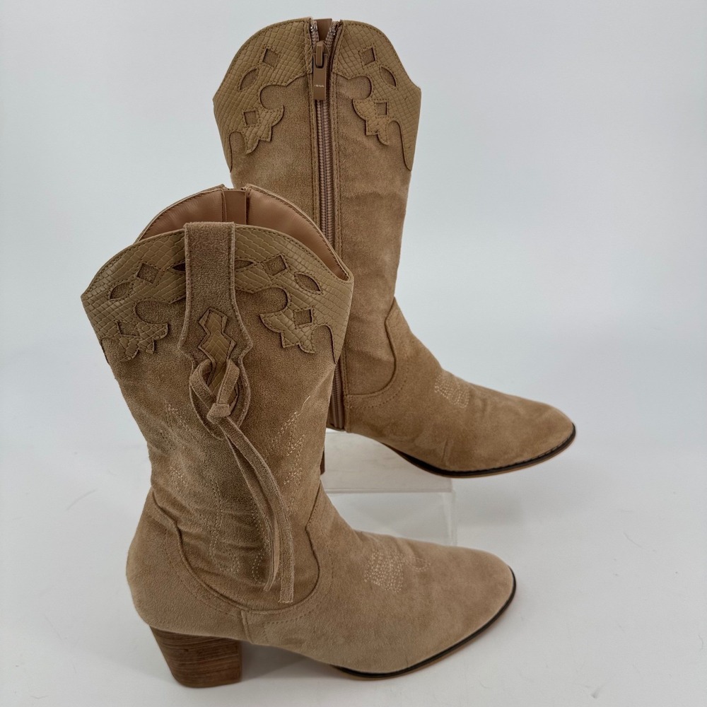 Shibever Tan Faux Suede Western Cowboy Boots Tassel Side Zip Womens 42 / US 10.5